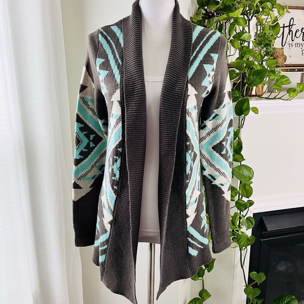 Eddie Bauer Turquoise and Gray Aztec Patterned Cardigan Sweater. Size M. EUC. - Picture 1 of 9